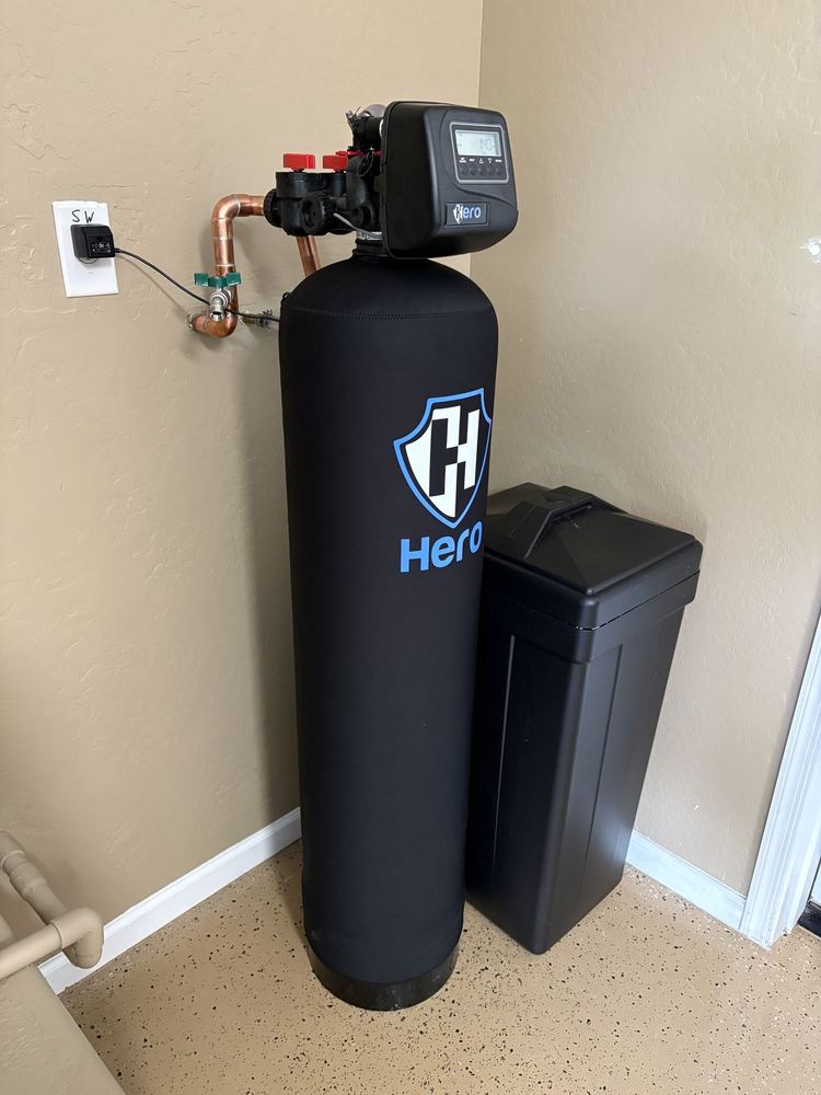 Hero water softener installed in home utility corner